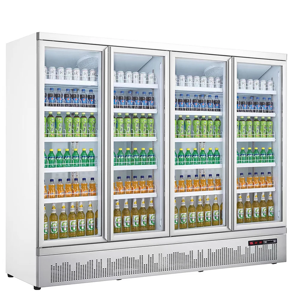 Commercial 4-Door Glass Refrigerator Cooling Beverage Display Showcase For Supermarket Beverage Chiller Equipment