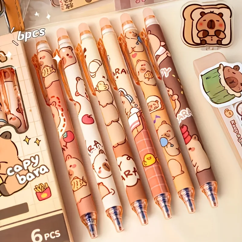 6pcs Capybara-Themed Erasable Pens And Stickers for Decoration,Featuring a 0.5Mm Fine Tip, Quick-Drying Ink, Retractable Design