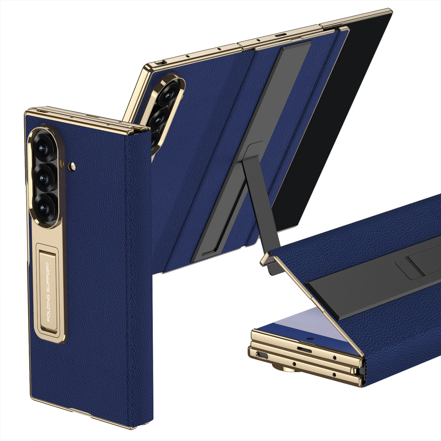 Premium TriFold Magnetic Leather Flip Phone Case with 9H Glass Protector & Kickstand Bracket