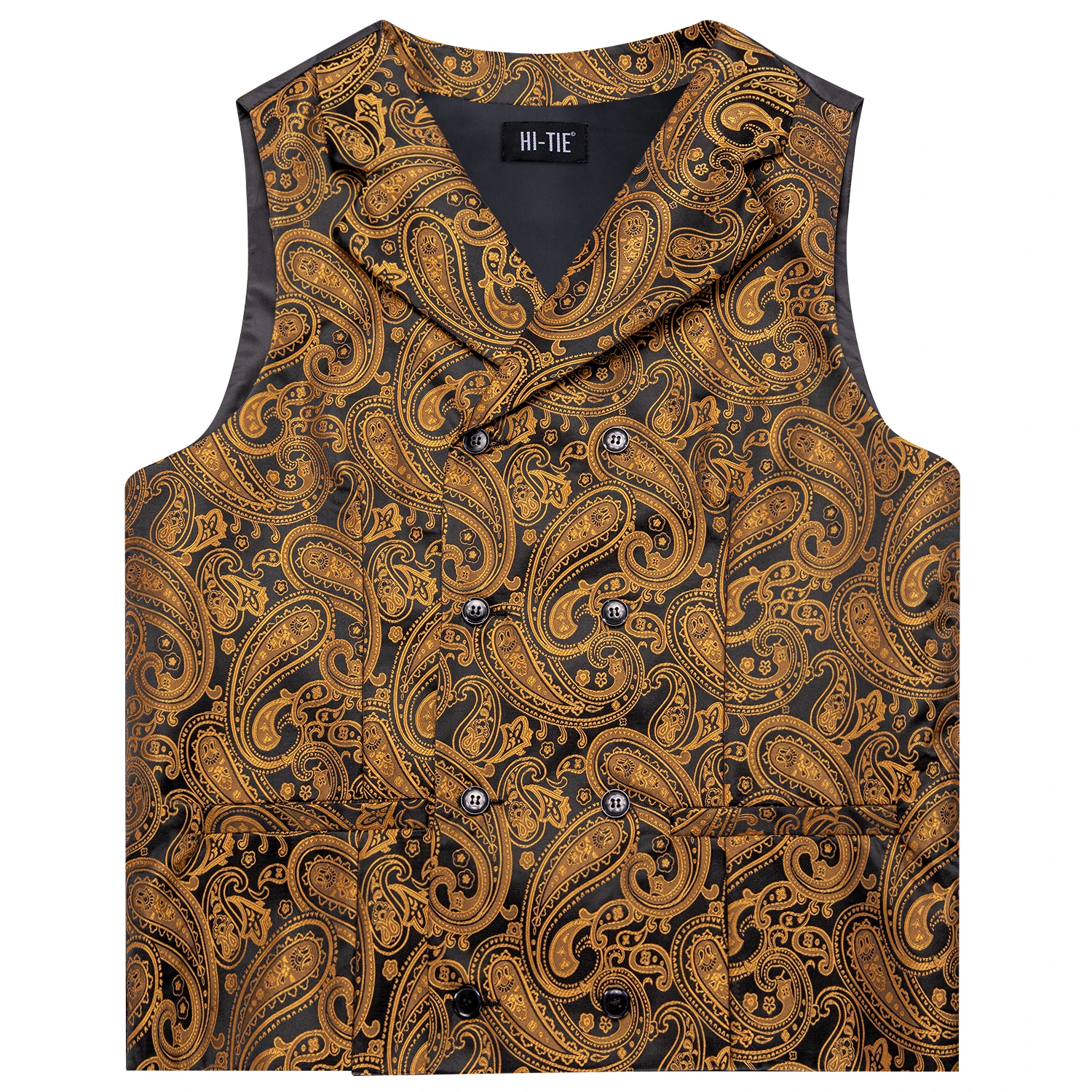 Luxury Silk Mens Vest Gold Black Classic Paisley Jacquard Waistcoat Jacket NeckTie Hanky Cufflinks Men Business Party Hi-Tie dress vests