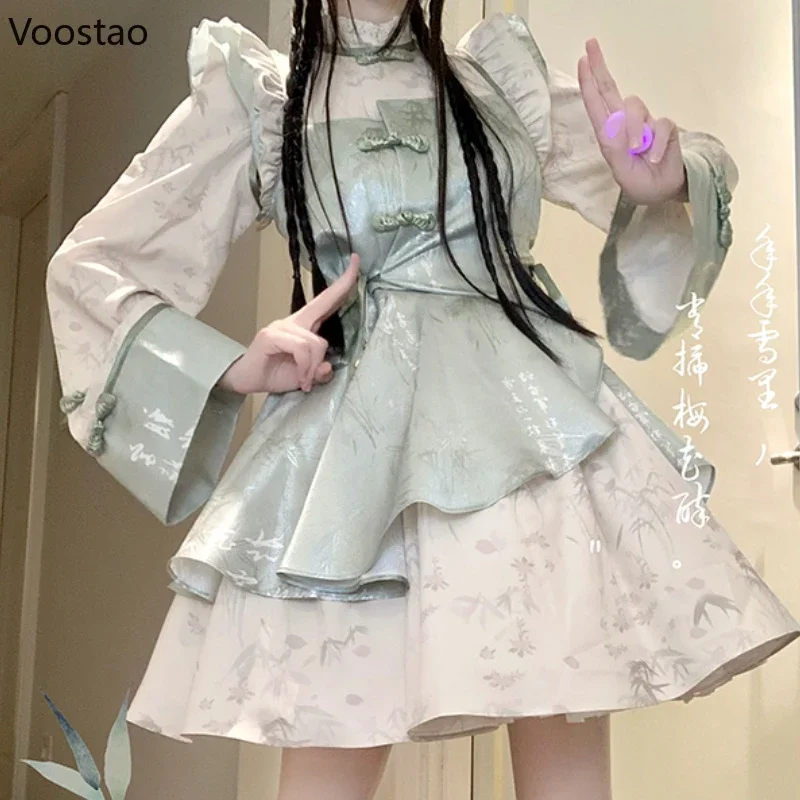 Chinese Style Vintage Lolita Princess Dress Women Elegant Gothic Bamboo Leaf Print Cheongsam Mini Dresses Sweet Y2k Vestidos