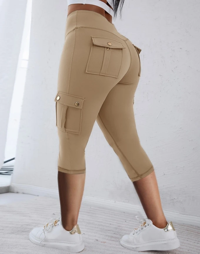 Sports Style Women's Pants 2024 Summer New Multi Color Women's Casual Pocket Design High Waisted Cropped Sports Pants