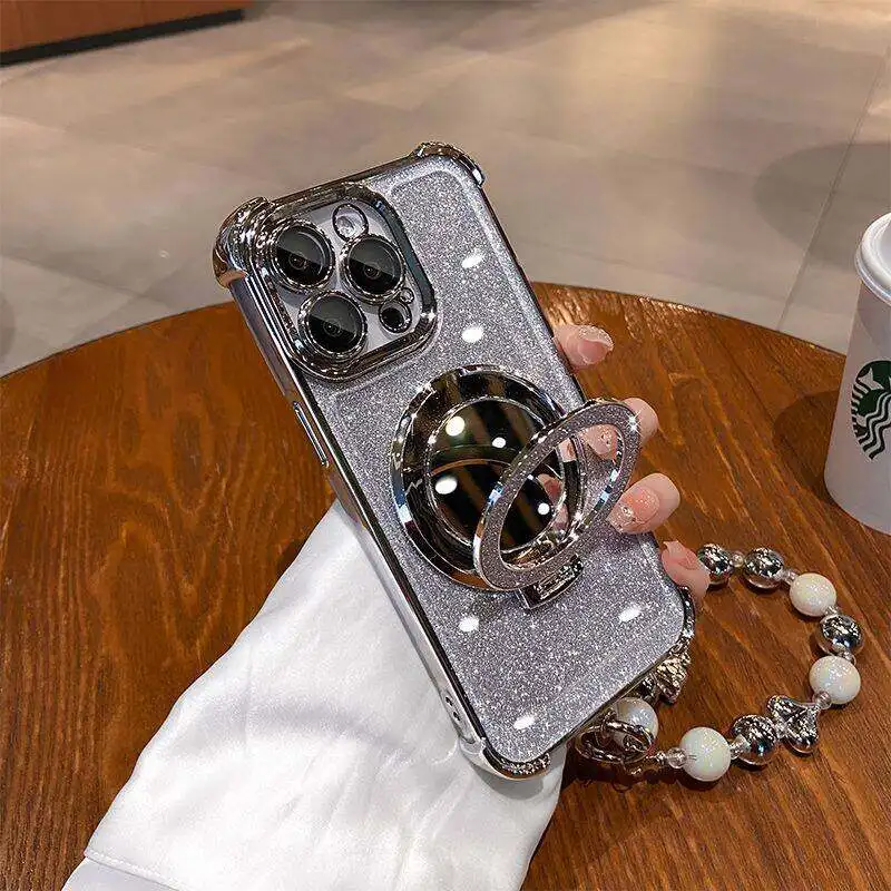 Glitter Make Up Case with Magsafe Holder and Pearl Chain Design