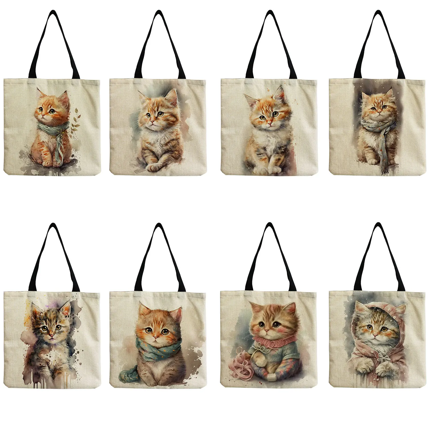 

Shopping Bags Cartoon Pattern Printed Totes High Capacity Foldable Cute Ink Painting Animal Cat Handbags Eco Reusable For Women