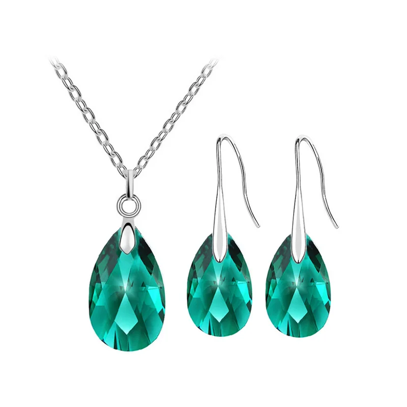 Crystal Tear Water Pendant Necklace Earrings Jewelry Set