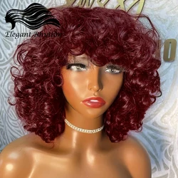 99J Burgundy Afro Rose Curly Funmi Wigs with Bangs Glueless Short Bob Bouncy Curly Human Hair Wigs with Bangs For Black Women
