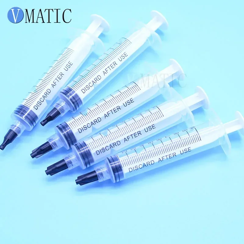 Non Sterilized 5 Pcs Dispensing Plastic Manual Luer Lock Syringes 10Ml/Cc With Needle Tips 1 Inch & Caps/Stopper