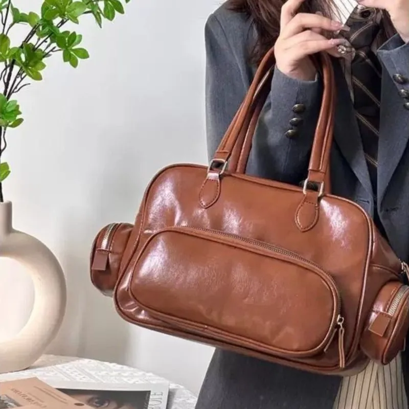 Retro Multi Pocket Boston Bag Women Ladies Academic Style Leather Large Capacity Shoulder Bag Ladies Premium Versatile Handbag