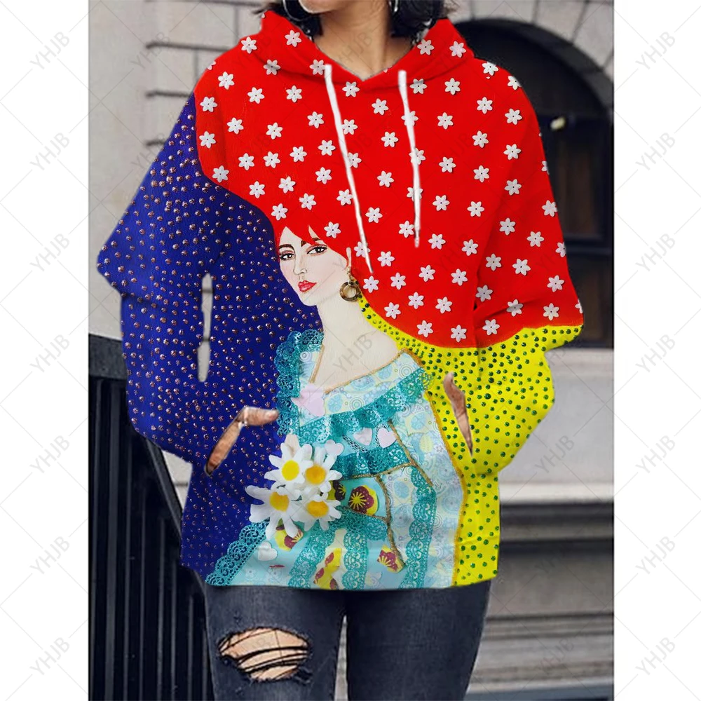 

Women Hoodies Boho Women's portrait print Hooded Sweatshirt 2023 Autumn Female Long Sleeve Drawstring Casual Loose Pullover