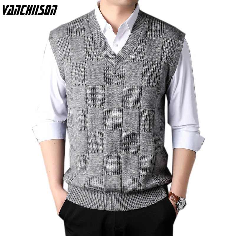 Men Vintage Wool Knit Tank Vest V Neck Sweater Pullover Tops Sleeveless Basic for Autumn Winter Male Clothing 00086