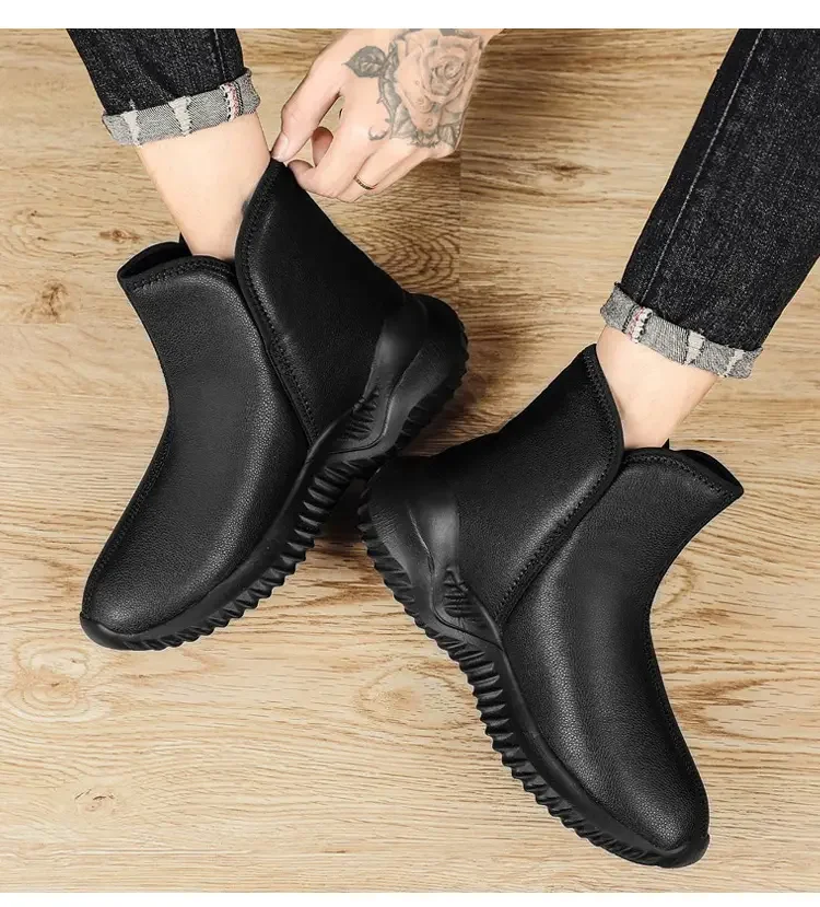 Men\'s Winter Leather Casual Short Boot Thick Bottom High Top Non Slip Were Resistant Light Large Size Plush Warm Snow Boots