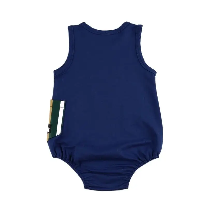 AA-Baby Romper Blue Knitted Denim sleeveless side striped pocket baby boy & girls clothes baby overall round neck family set cotton romper