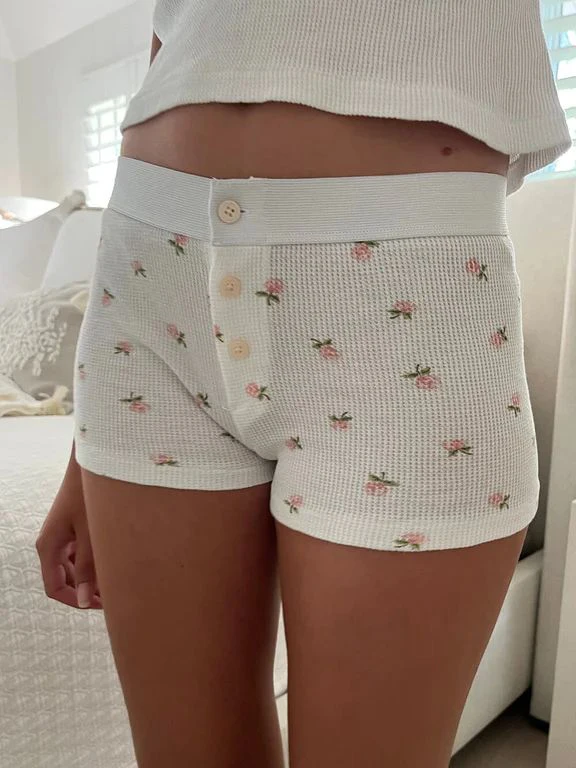 

Floral Print Waffle Shorts Woman Elastic High Waist Three Buttons Straight Short Pants Sweet Summer Casual Cute Home Underwear