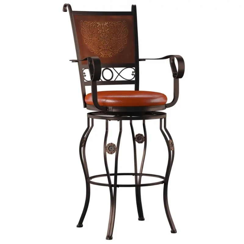 

30" Metal Stamped Back Bar Stool with Swivel and Arms, Rich Bronze with Warm Rust Faux Leather