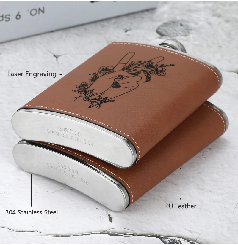 Leder 304 Edelstahl Logo Foto personalisierte individuelle Flachmann Metall tragbare Whisky Wodka Outdoor Reise Weinflasche – Detail 5