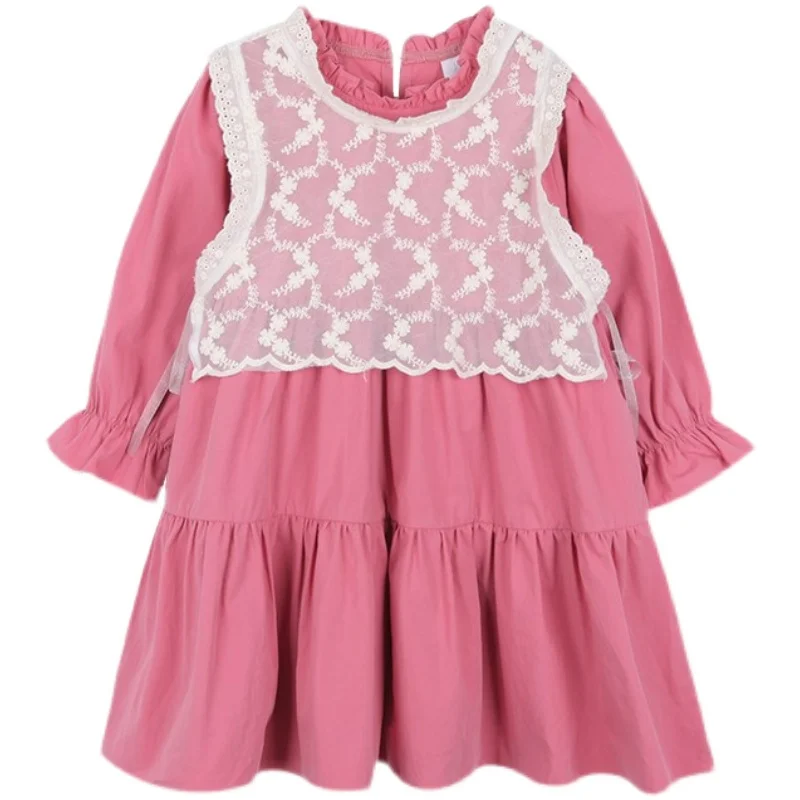 Dress Full Sleeve Knee Length Pullover A-line Solid Regular Cotton New Fashion Simple Sweet Spring Autumn Children Girls