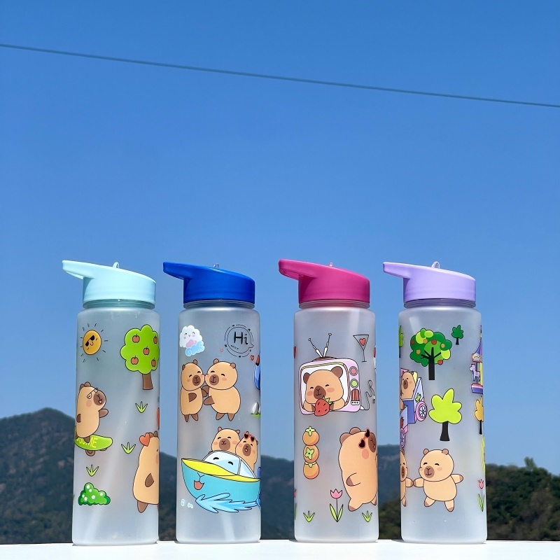 750ml Capybara Printed Water Bottle With Straw Sippy Cup Leakproof Plastic Water Bottles For Outdoor Sports Camping Drink Cup