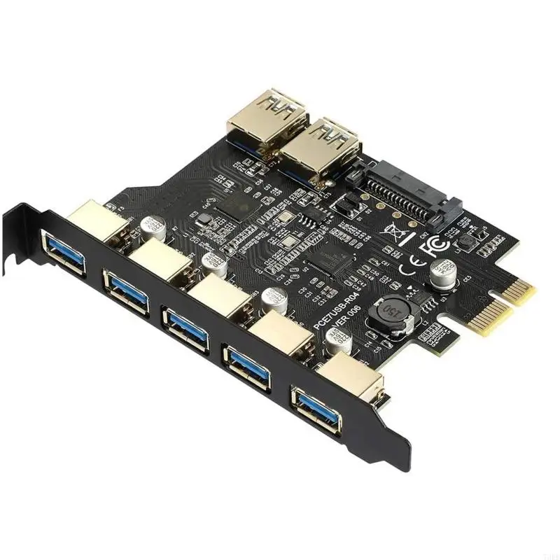 T3EE PCIE to USB3.0 Expansion Card Power Supply 7-port USB Extender Small Slot 5Gbps for Hard Drives Game Controllers