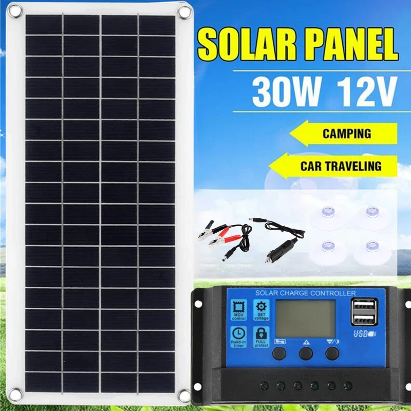 30w 12v Solar Panel Kit Mobile Phone Camping Double Usb Power Charging