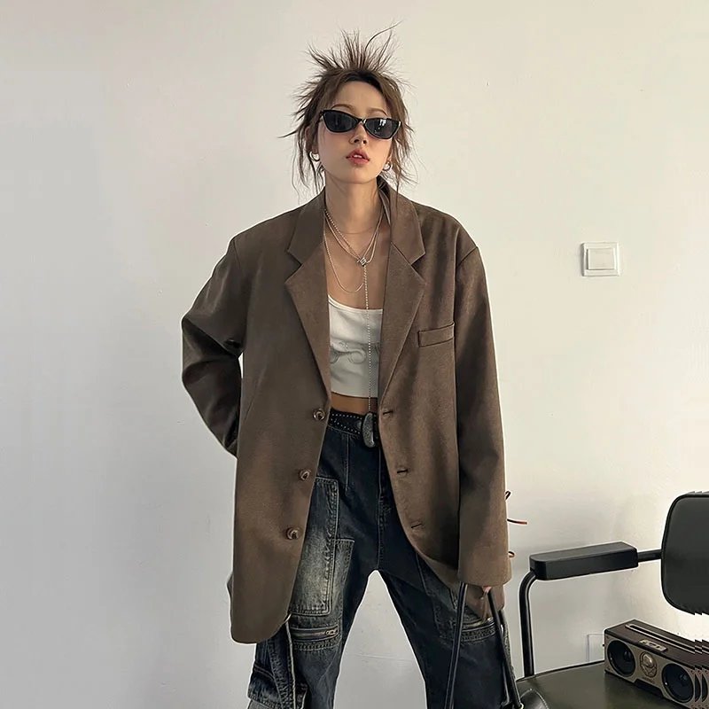 

Spring Autumn Women Casual Coffee-color Suit Jacket Chic Cuff Lace-up Loose Notched Collar Long Sleeve Blazers Female Streetwear