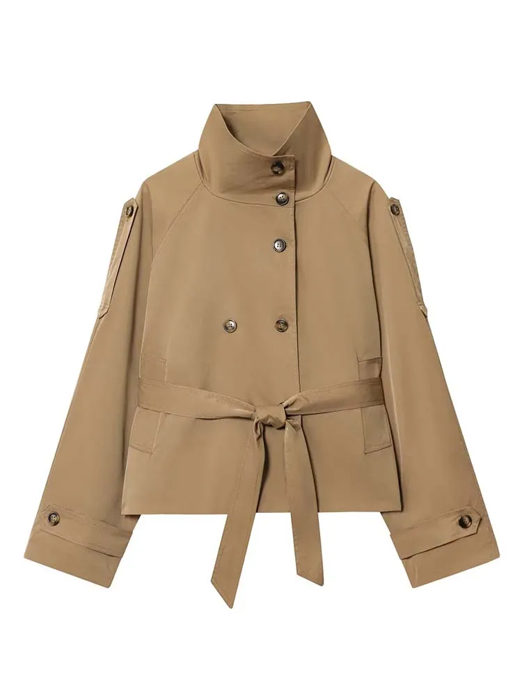 Fashion Belt Short Trench Coat Women Stand Collar Double Breasted Long Sleeve Jacket 2025 Autumn Lady Commute Chic Outerwear ﻿
