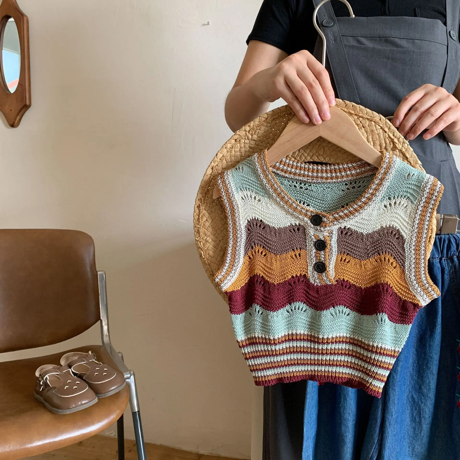 

6549B Girls' Clothes 2023 Summer New Korean Retro Striped Knitted Tops Wild Cool Vest Or Embroidery Denim Pant