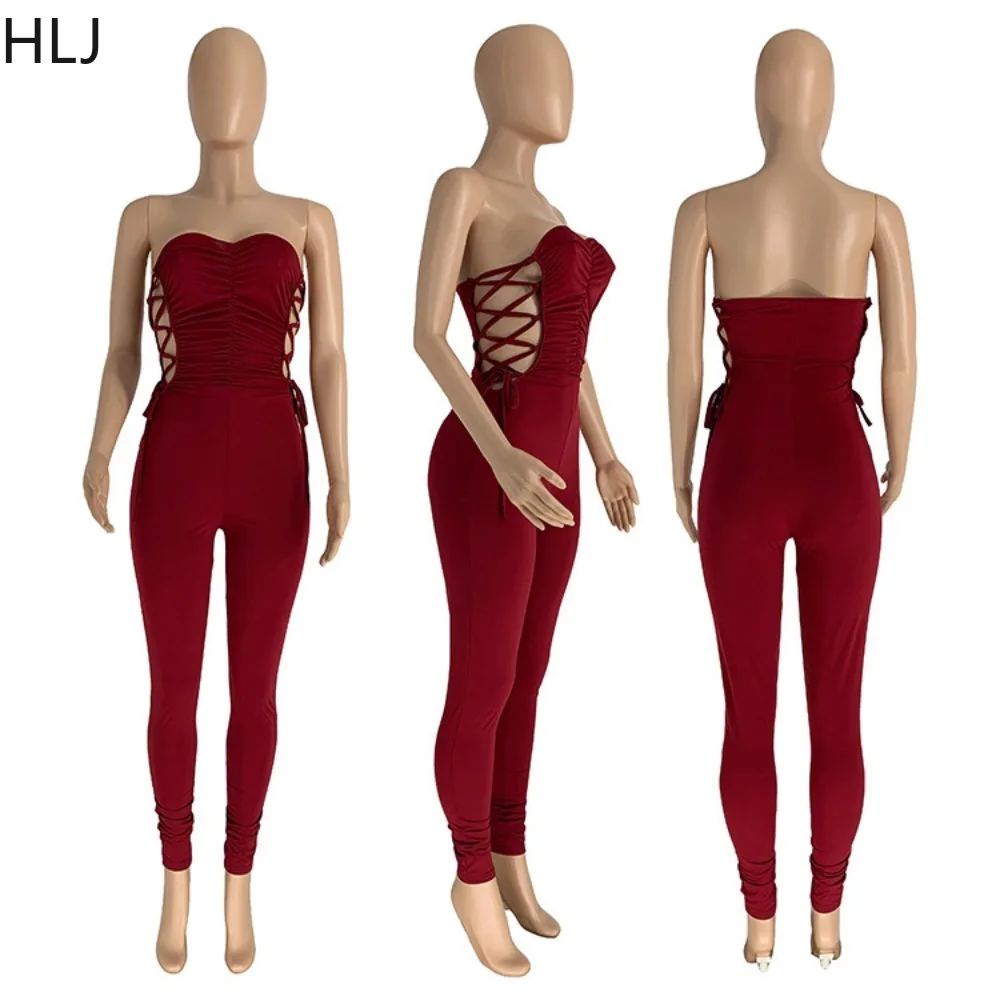 HLJ Sexy Solid Color Ruched Side Bandage Bodycon Tube Jumpsuit Women Sleeveless Backless Slim Playsuit Female Overall Streetwear