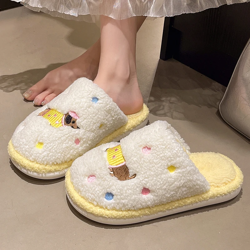 Cute Dog Pattern Home Cotton Slippers for Women Indoor Soft Flat Heel Plush Slides Woman 2025 Anti Slip Warm Bedroom Slippers