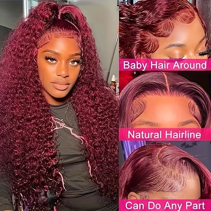 250%Density 99J 13x4 HD Lace Frontal Wig For Women Pre Plucked Burgundy Curly HD Lace Front Human Hair Wigs 99J Red Colored 3
