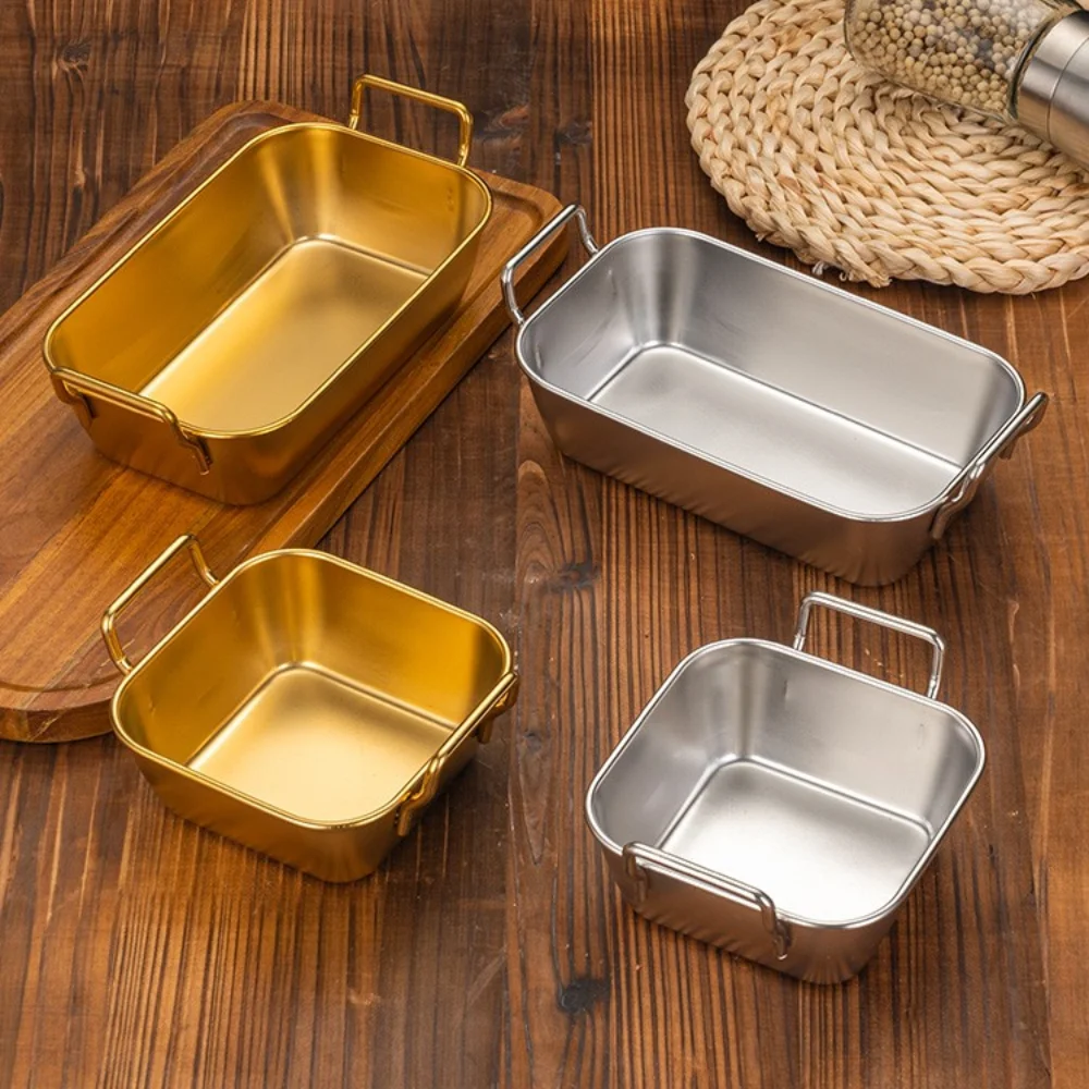 Stainless Steel Plates Snack Dish Basket With Handle Korean Stainless Steel Plate Durable Square Snack Plate Silver and Gold Fried Food Trays Food Storage
