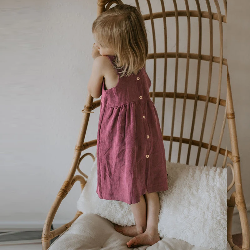 Summer Girl's Retro Linen Dress 2024 New Baby Girl V-Neck