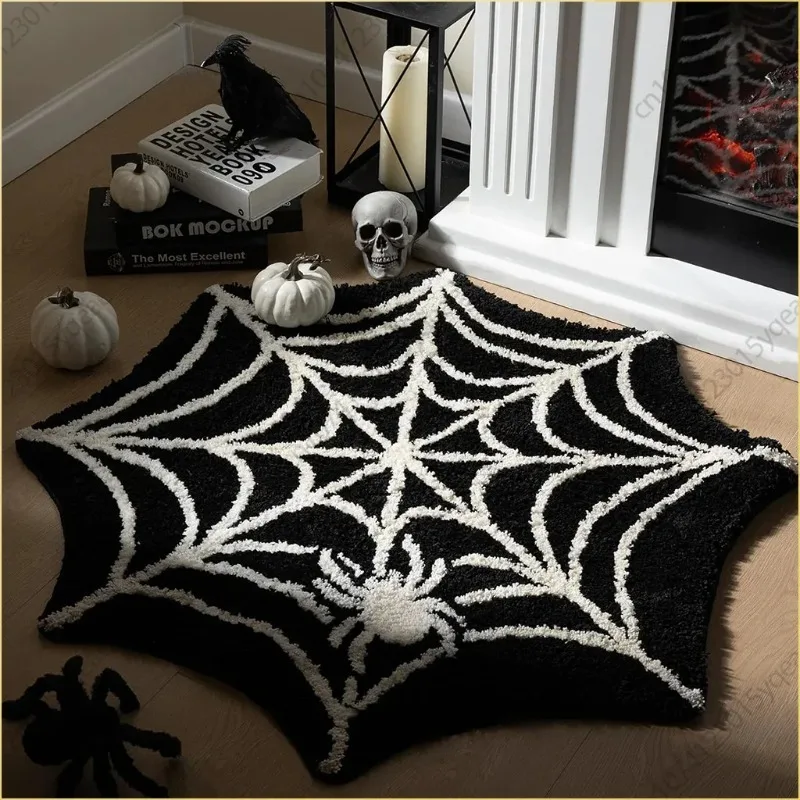 Black Crystal Velvet Spider Web Floor Mat for Home Entryway
