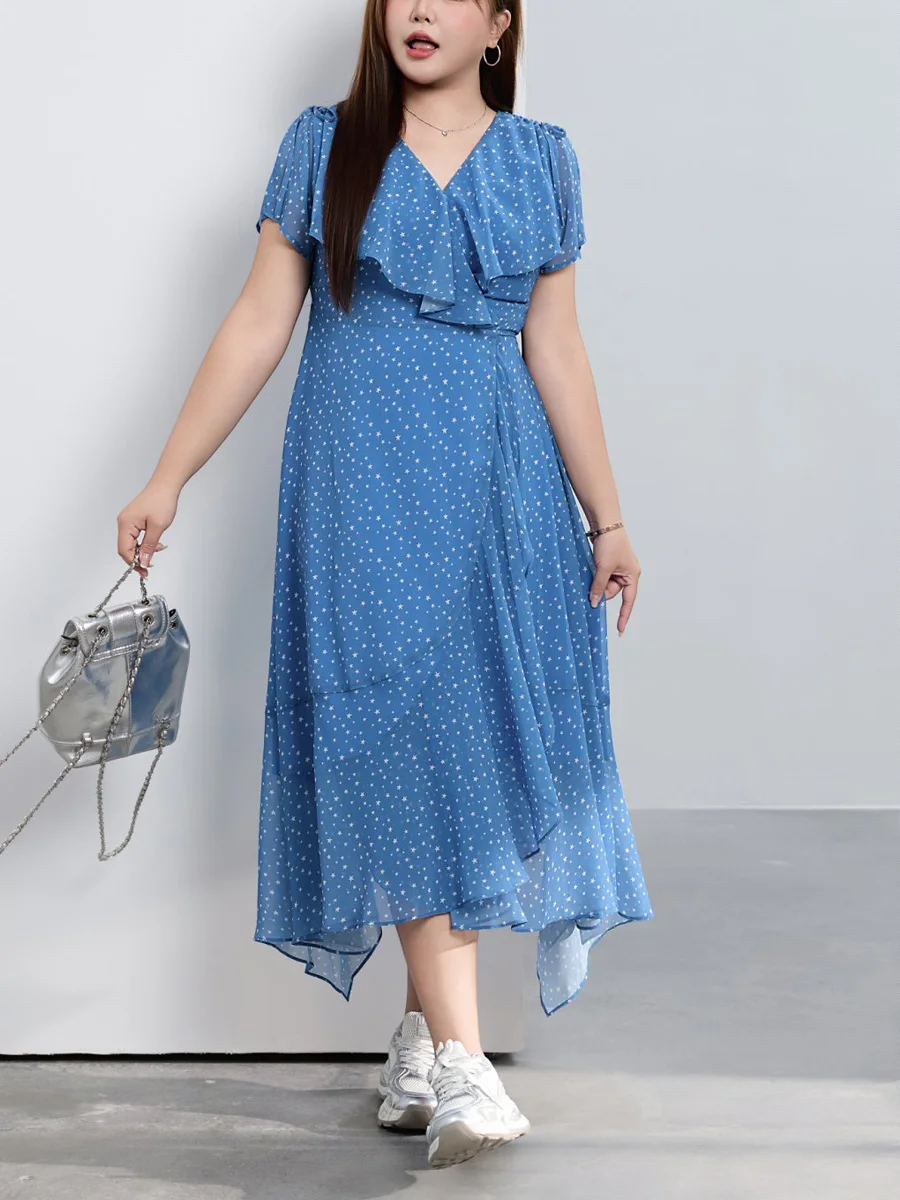The Star River Shadow V-neck Ruffled Cinched Waist Dress Plus Size Women Premium Asymmetry Vacation Style Print Chiffon Dresses