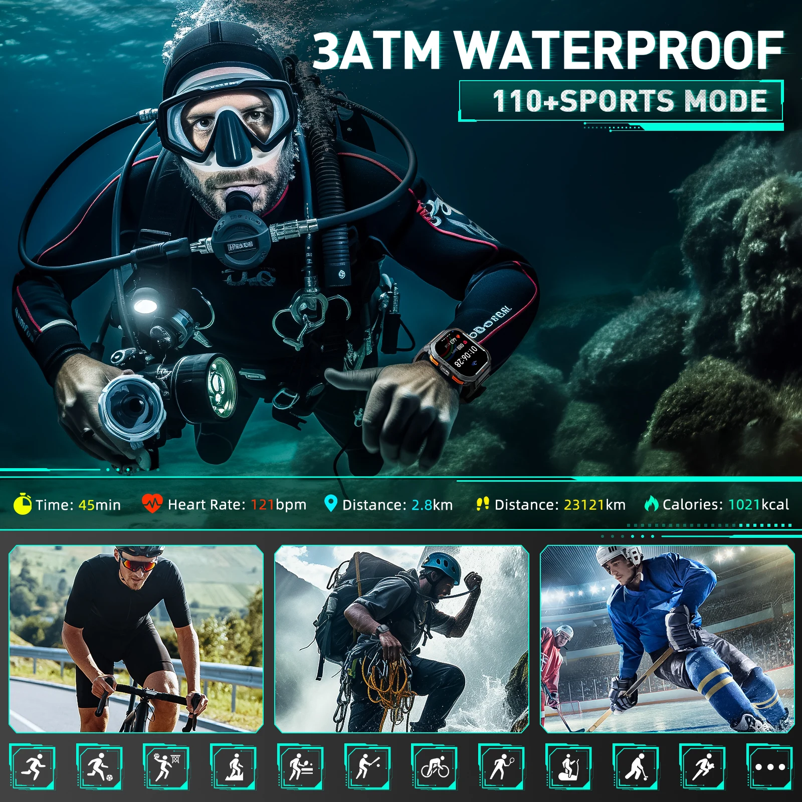 EIGIIS Smart Watch 3ATM Waterproof 2.02" TFT S50 Men Sport With Compass And LED Flashlight Health Monitoring Fitness Tracking Bl - Image 4