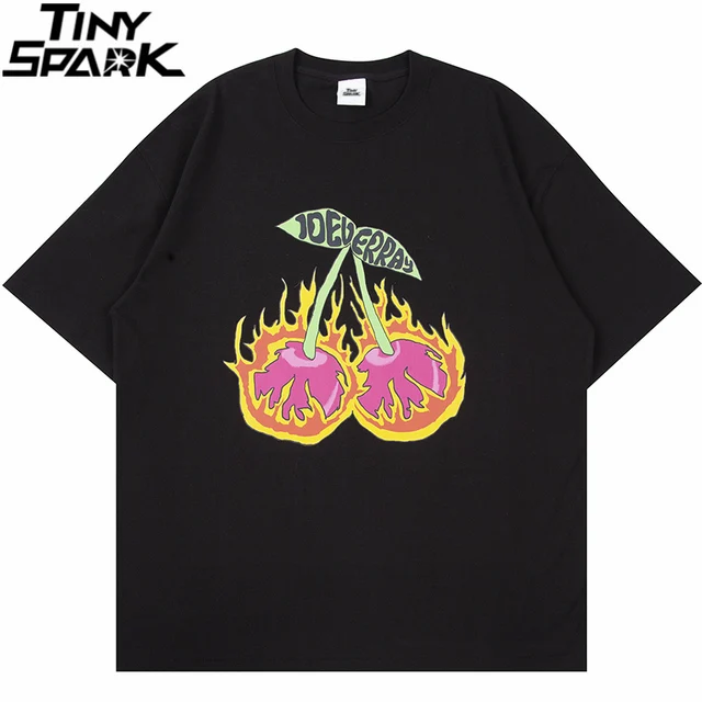 Streetwear T Shirt Cherry Fire Flame Letter Printed 1