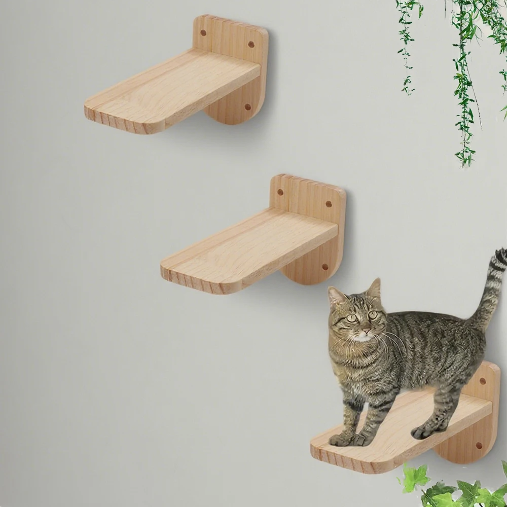 Skywin Cat Steps - 3 Pack Wall-Mounted Climbing Shelves With Jute Rope, Solid Rubber Wood (Wood Color)