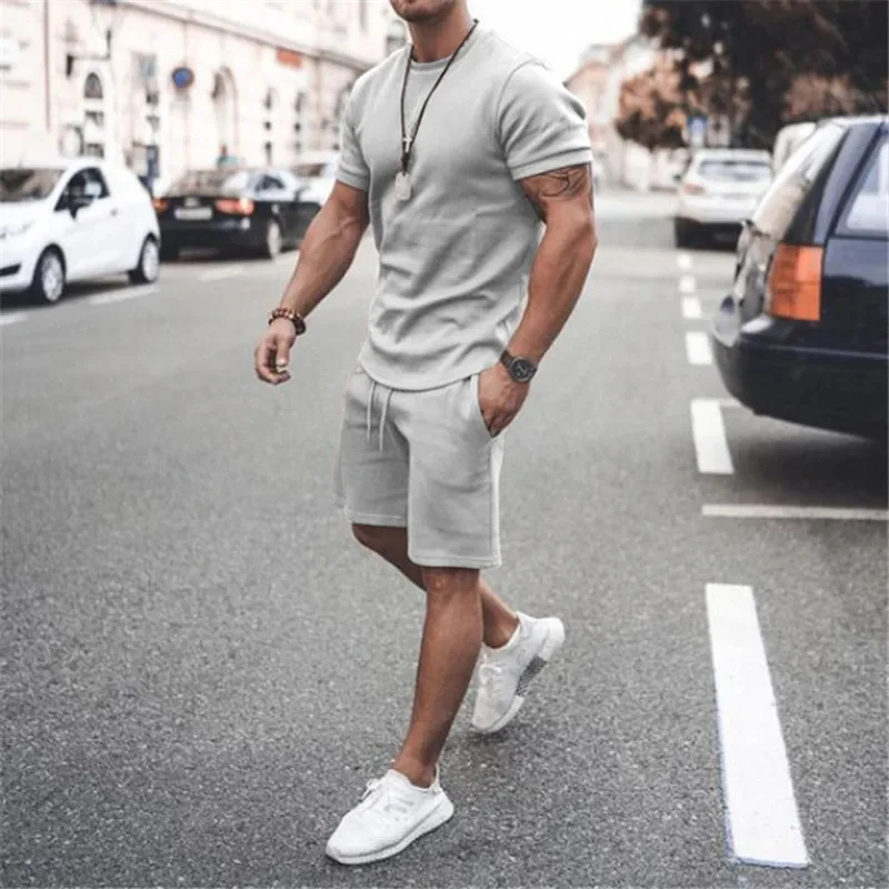 Solid Color Europe And The United States Men's 13 Color Summer New Short Sleeve Tshirt +Shorts 2pcs set Leisure Sports Men Suit 6