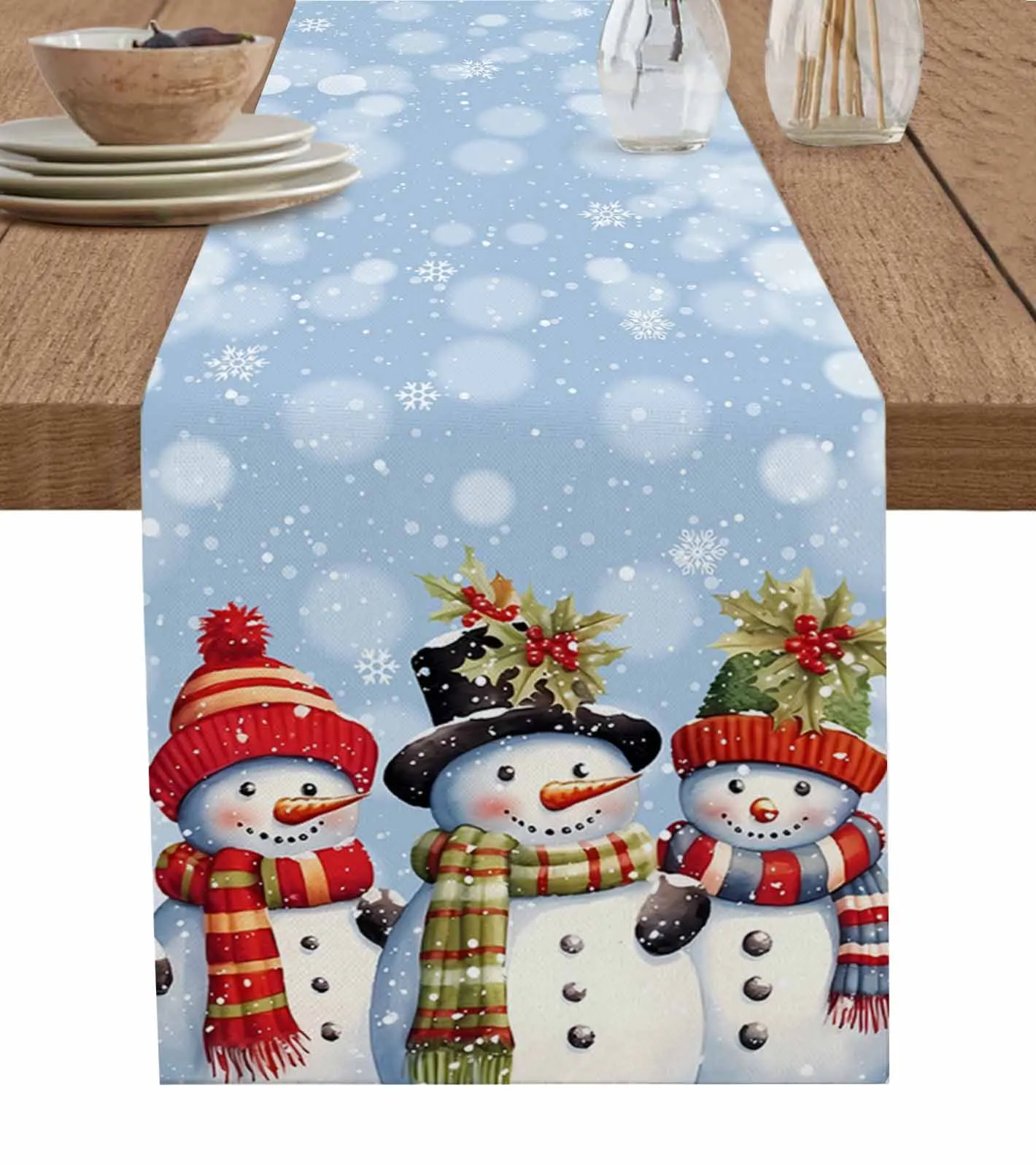 

Christmas Snowman Snowflake Blue Table Runner Wedding Party Decor Table Runner Christmas Dining Table Decor Tablecloth