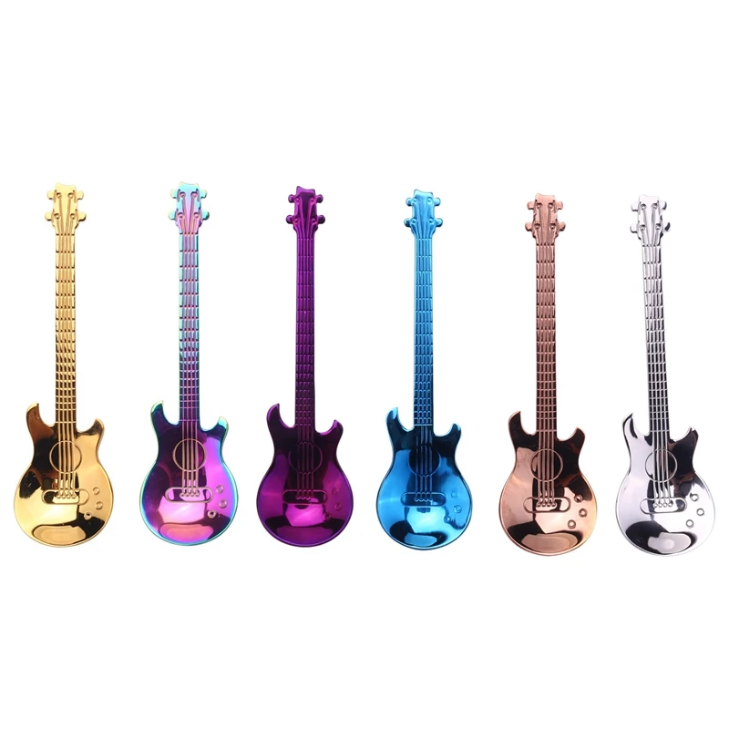 

Новинка, 6 шт., искусственная гитарная ложка, красочная десертная ложка из нержавеющей стали, музыкальная ложка, милая кухонная утварь для