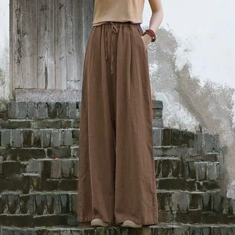 Vintage Summer Women's 2024 New Spliced Elasticized Drawstring Pocket Fashion Solid Loose Comfortable Casual Wide Leg Pants