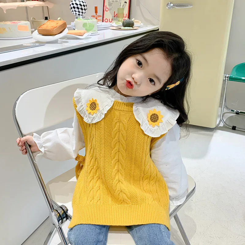 

Girl's Knitted Shirt Suit 2022 Autumn Baby Shirt Two-Piece Sunflower Pastoral Style Knitted Vest girl clothes