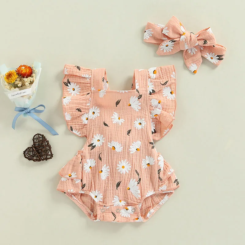 Newborn Baby Summer Clothes Girls Two-piece Layette Floral Print Fly Sleeves Romper And Headdress Blue Pink Children's Clothing baby clothing set red	 Baby Clothing Set