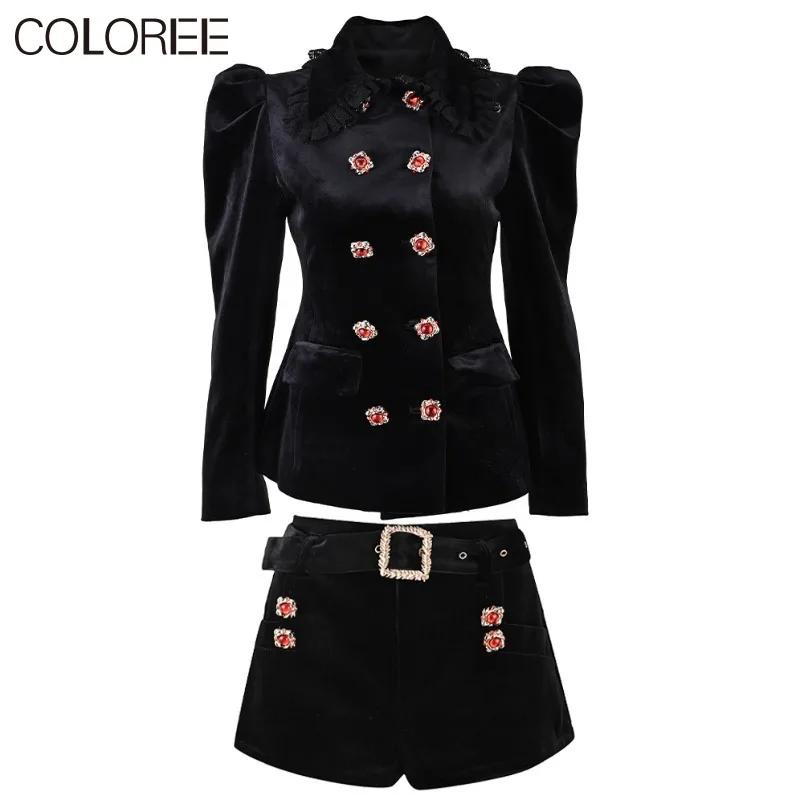 

Женский винтажный комплект из куртки и юбки, дизайнерская элегантная двубортная черная бархатная куртка и юбка, осенний наряд