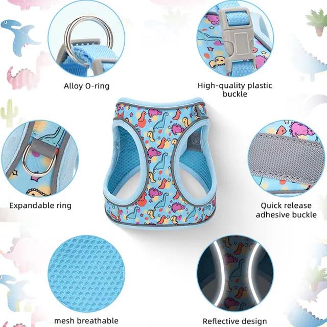 HP407--bee/dinosaur printed pet dog&cat harness, with 1.5-meter dog leash, soft twill fabric and night reflective strip. 2