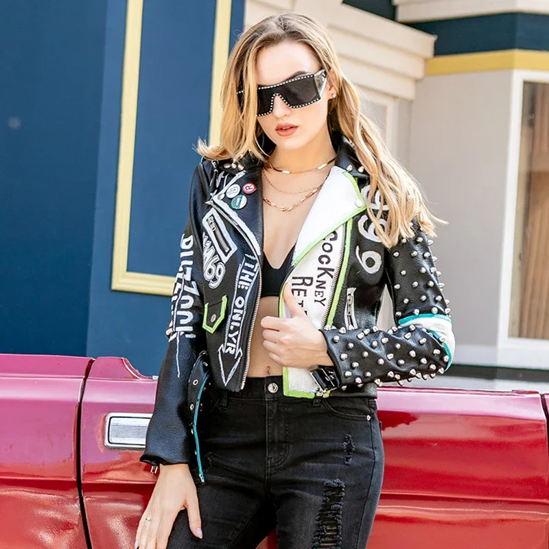 Streetwear Biker Leather Jacket for Women 2024 Punk Style Rivets Graffiti Print Contrast Stitched Faux Leather Cropped Jackets