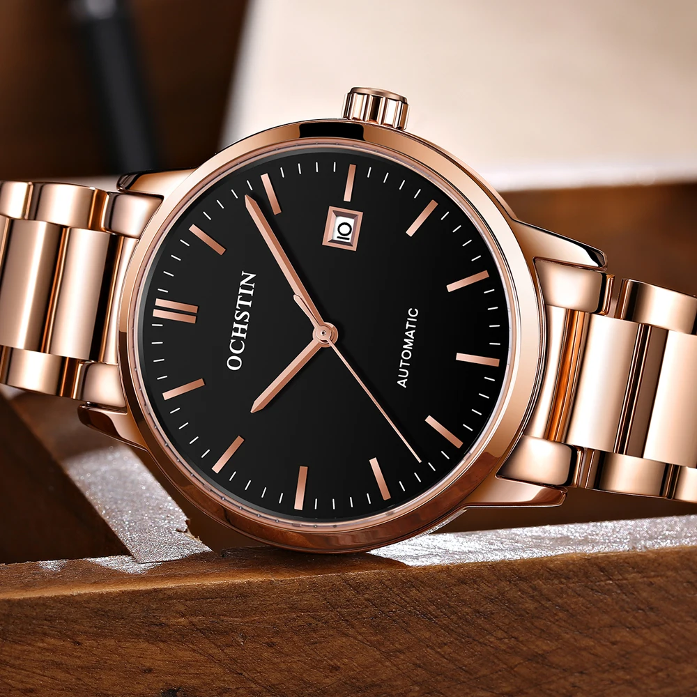 OCHSTIN Luxury Brand Silver Blue Automatic Mechanical Watch Auto Calendar Display Business Mens Wristwatch Stailness Steel Band