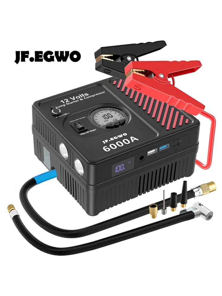 JFEGWO 전문 자동차 점프 스타터 강력한 컴프레서, 자동차 배터리 스타터 부스터 시동 장치, 24000mAh 12V, 3000A 6000A
