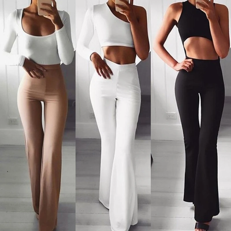 

Women Solid High Waist Flare Wide Leg Chic Trousers Bell Bottom Yoga Pants