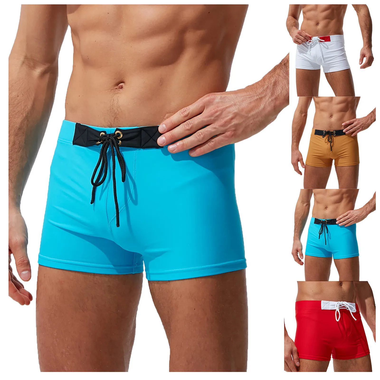 

Men'S Square Leg Swim Boxer Briefs Splice Swimsuit Athletic Swimwear Bathing Suit Swimming Trunks Drawstring Beach Shorts 2023