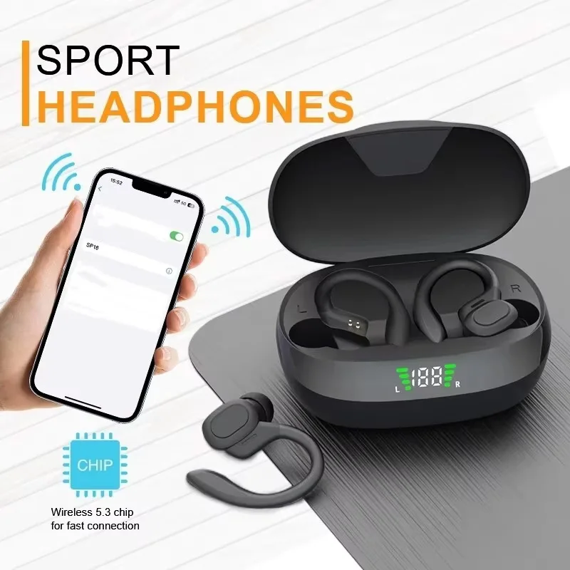 Auricolari wireless Sport 5.3 Cuffie con microfono con cancellazione del rumore 75H HiFi Stereo Over Ear Bud Display a LED USB-C IPX6 - immagine 5